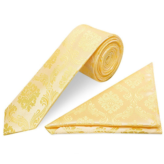 Gold Paisley Skinny Boys Tie And Pocket Square Set 1