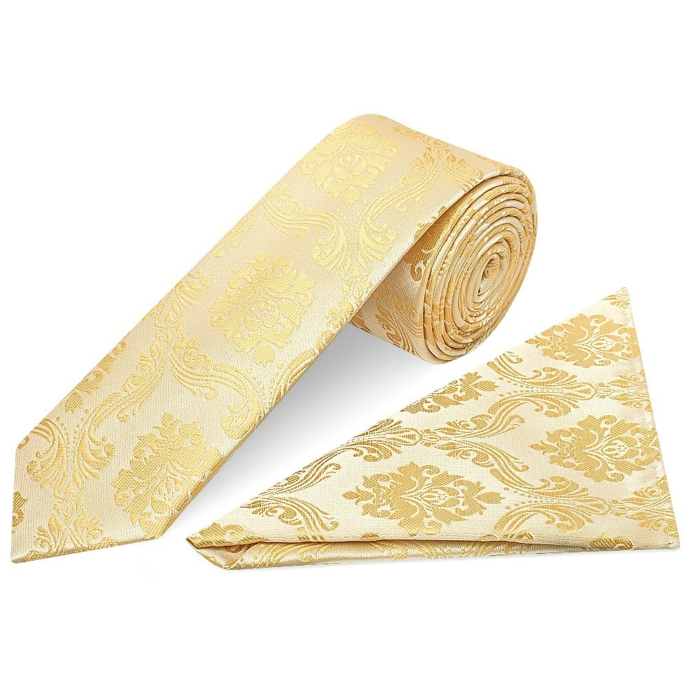 Caramel Paisley Skinny Mens Tie And Pocket Square Set 1