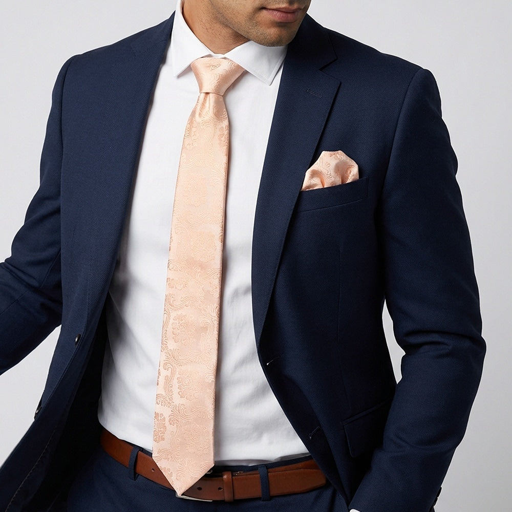 Light Peach Paisley Classic Mens Tie And Pocket Square Set 2