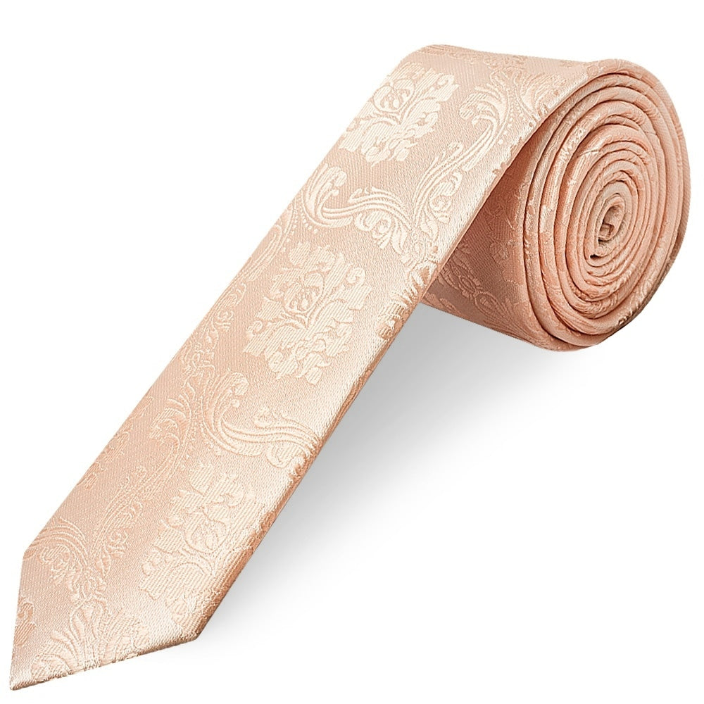 Light Peach Paisley Skinny Mens Tie And Pocket Square Set 2