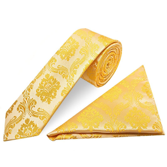 Bright Yellow Paisley Skinny Mens Tie And Pocket Square Set 1
