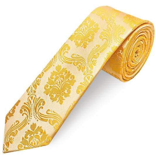 Bright Yellow Paisley Skinny Mens Tie And Pocket Square Set 2