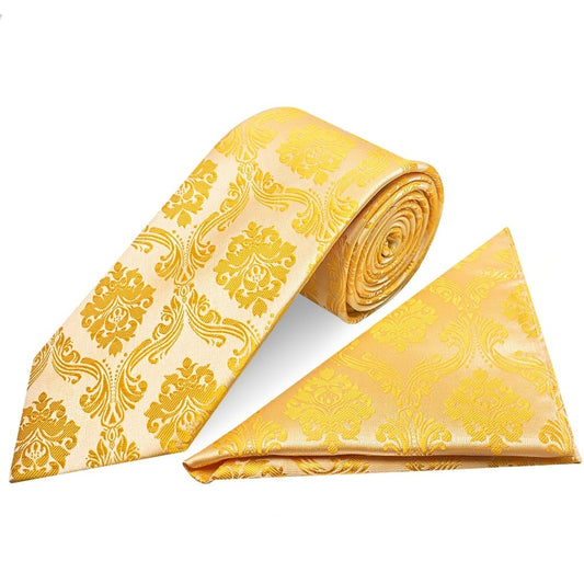 Bright Yellow Paisley Classic Mens Tie And Pocket Square Set 1