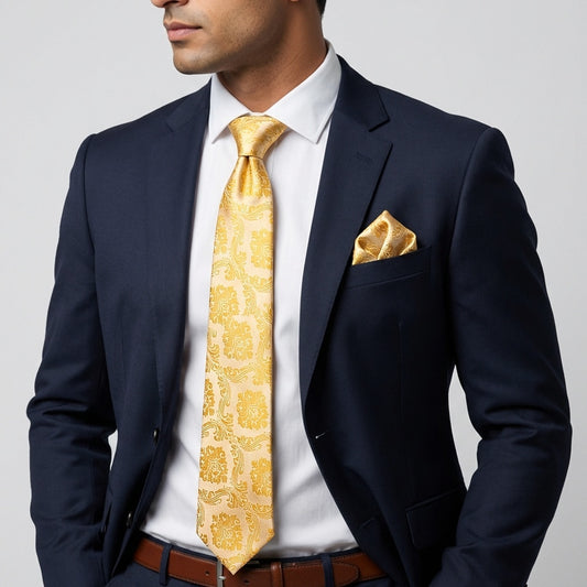 Bright Yellow Paisley Classic Mens Tie And Pocket Square Set 2
