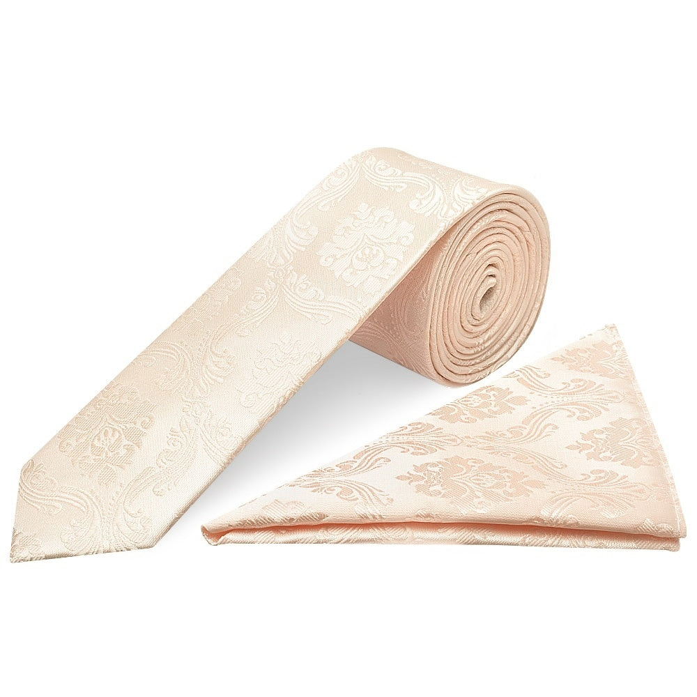 Blush Paisley Skinny Boys Tie And Pocket Square Set 1