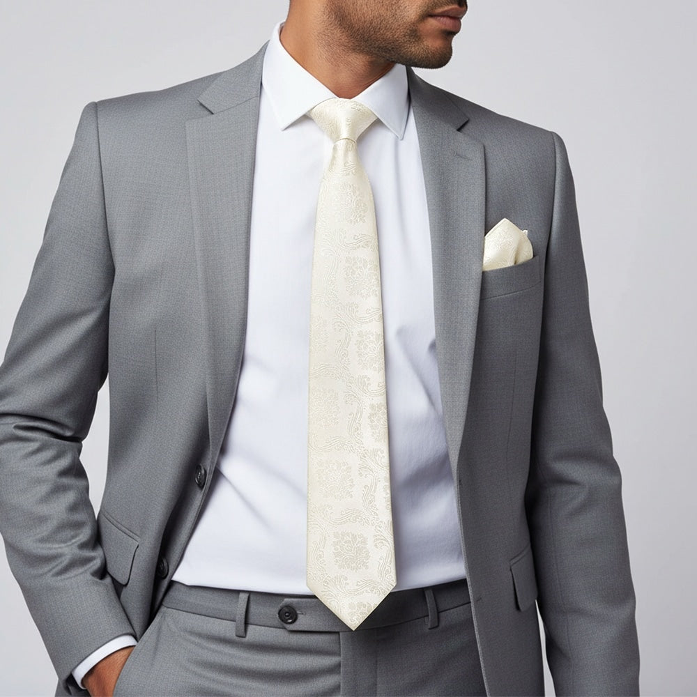 Ivory Paisley Classic Mens Tie And Pocket Square Set 2