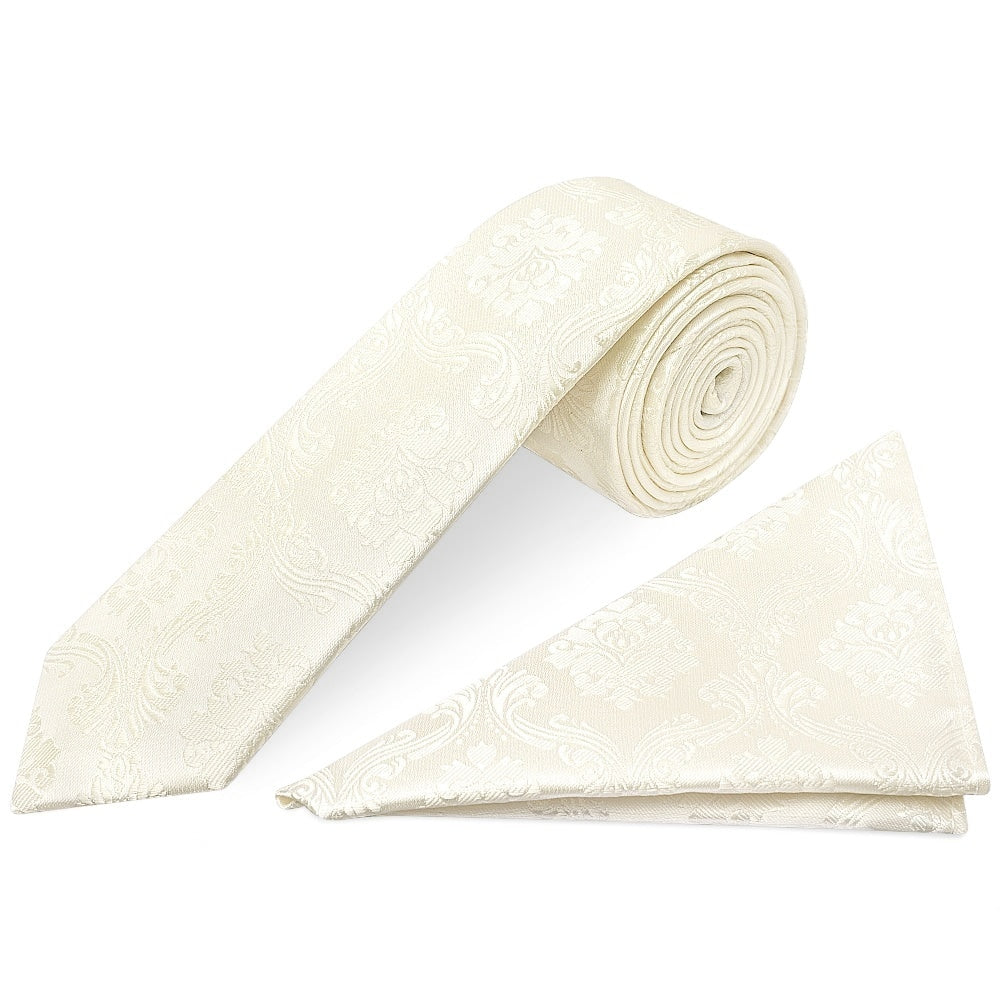 Ivory Paisley Skinny Boys Tie And Pocket Square Set 1