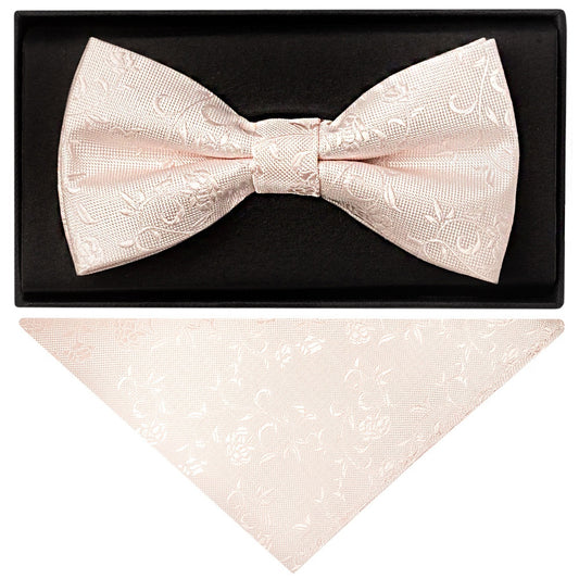 Blush Textured Floral Mens Bow Tie and Pocket Square Set