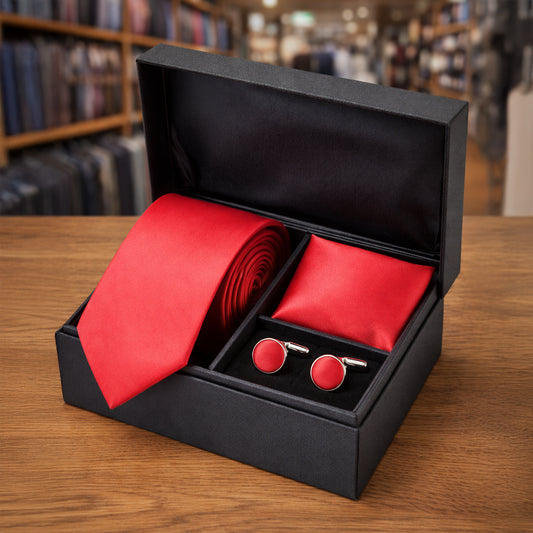 Coral Pink Satin Tie Set – Tie, Pocket Square & Cufflinks