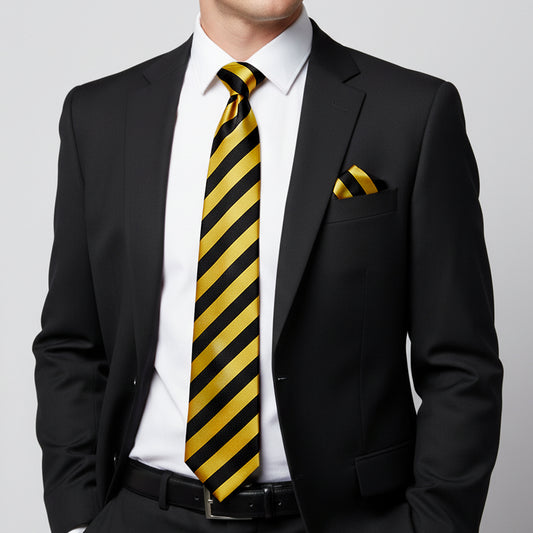 Black and Gold Striped Classic Mens Tie and Pocket Square Set