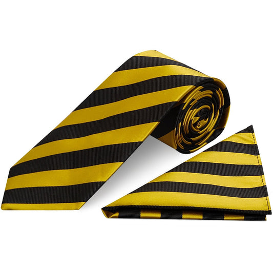 Black and Gold Striped Classic Mens Tie and Pocket Square Set