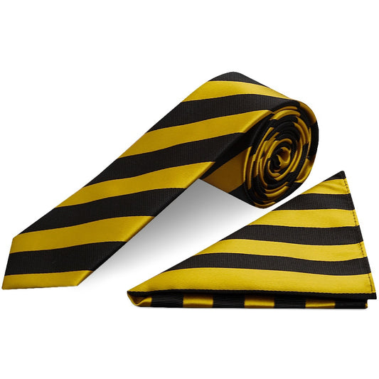 Black and Gold Striped Skinny Mens Tie and Pocket Square Set