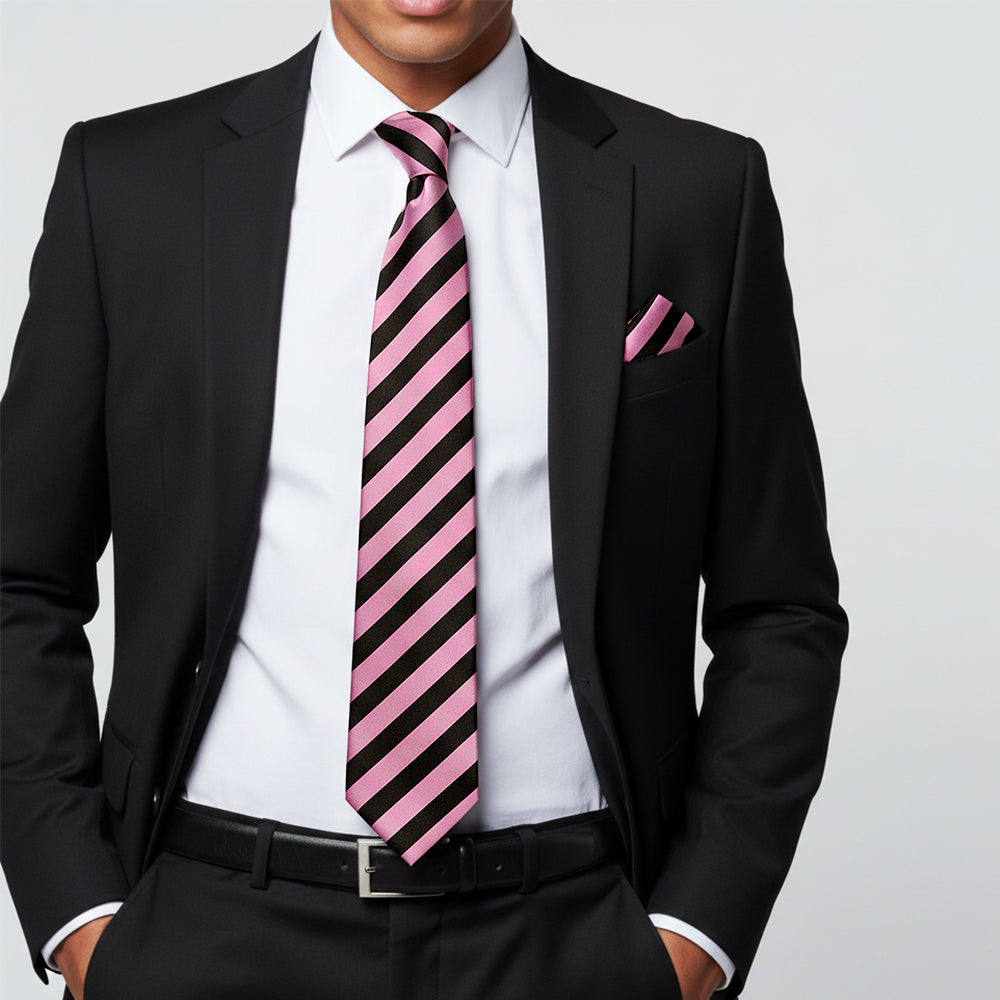 Black and Pink Striped Classic Mens Tie and Pocket Square Set