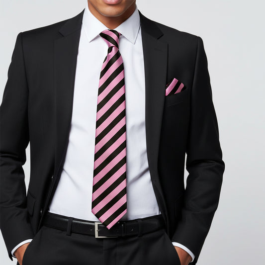 Black and Pink Striped Classic Mens Tie and Pocket Square Set