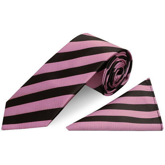 Black and Pink Striped Classic Mens Tie and Pocket Square Set