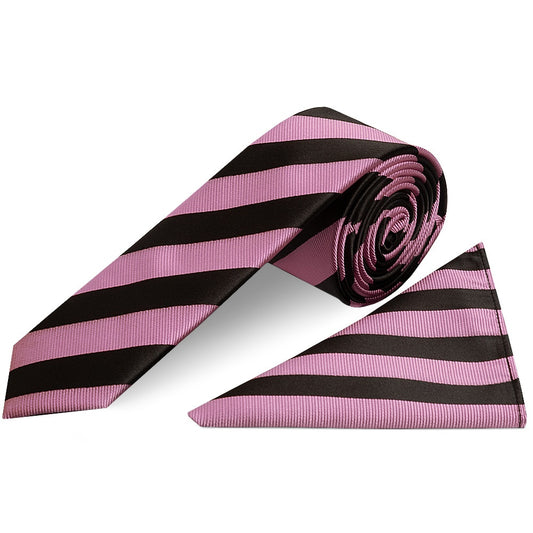Black and Pink Striped Skinny Mens Tie and Pocket Square Set