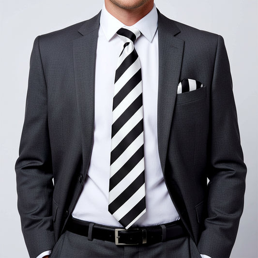 Black and White Striped Handmade Classic Mens Football Tie and Pocket Square Set