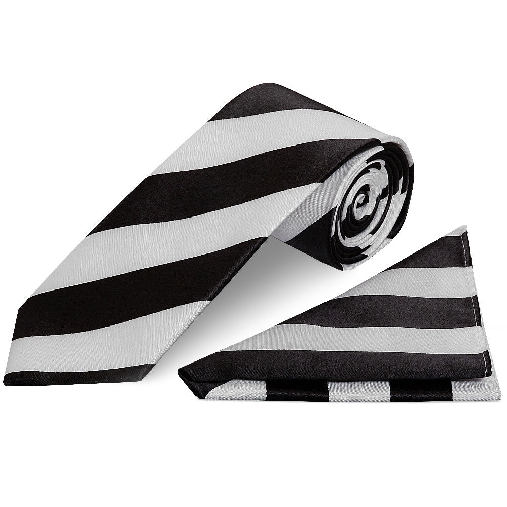 Black and White Striped Handmade Classic Mens Football Tie and Pocket Square Set