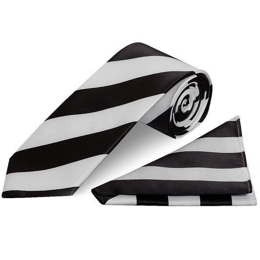 Black and White Striped Handmade Classic Mens Football Tie and Pocket Square Set