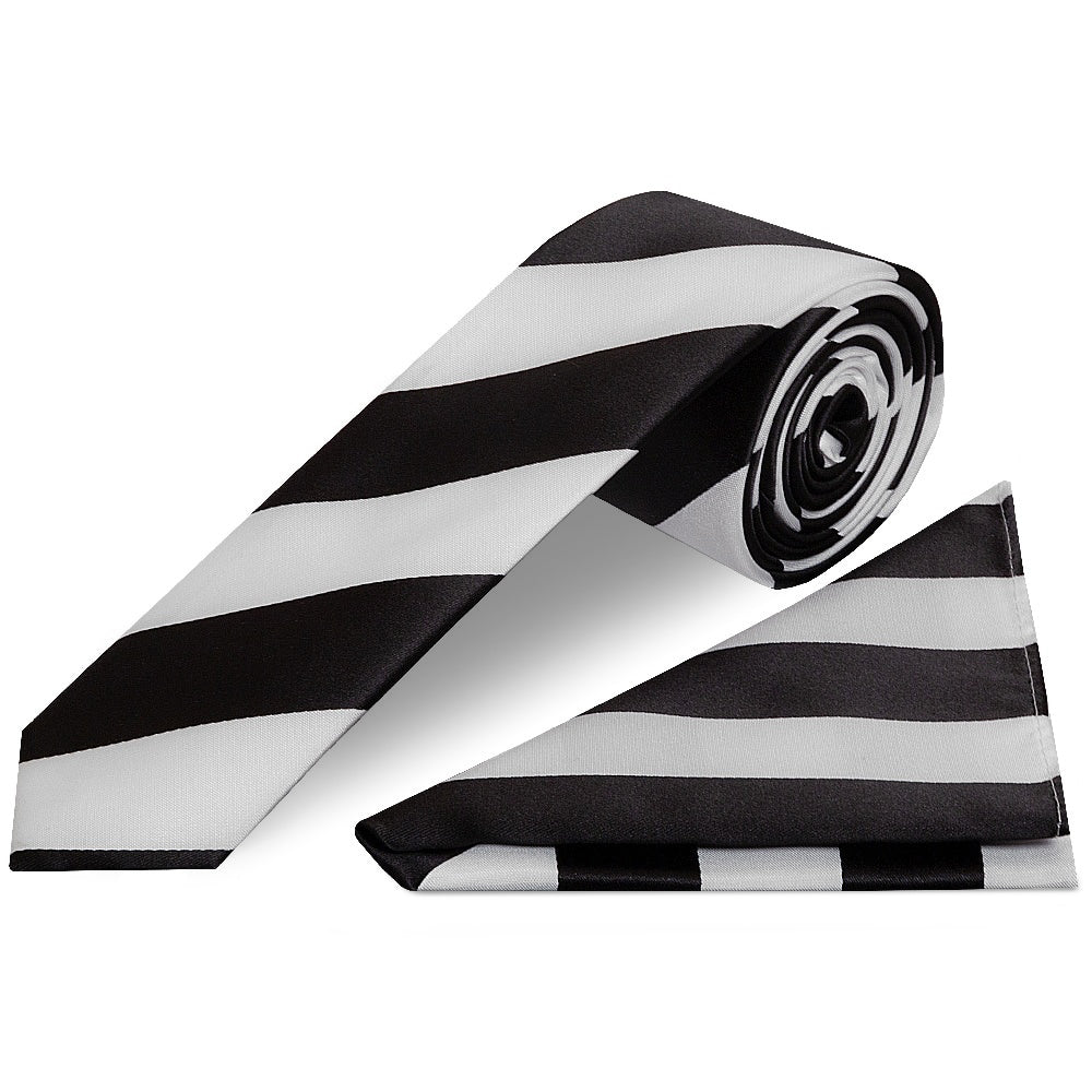 Black and White Striped Skinny Boys Tie and Pocket Square Set