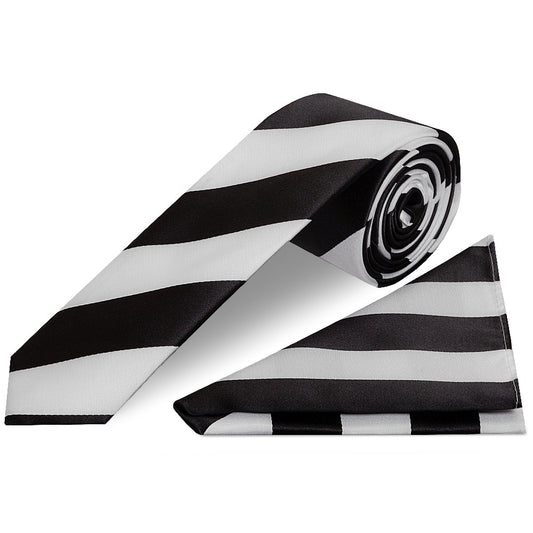 Black and White Striped Skinny Mens Football Tie and Pocket Square Set