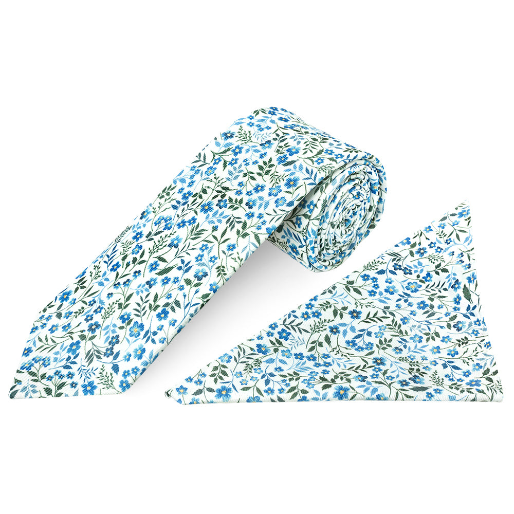 Mens Classic Blue Floral Tie and Pocket Square Set