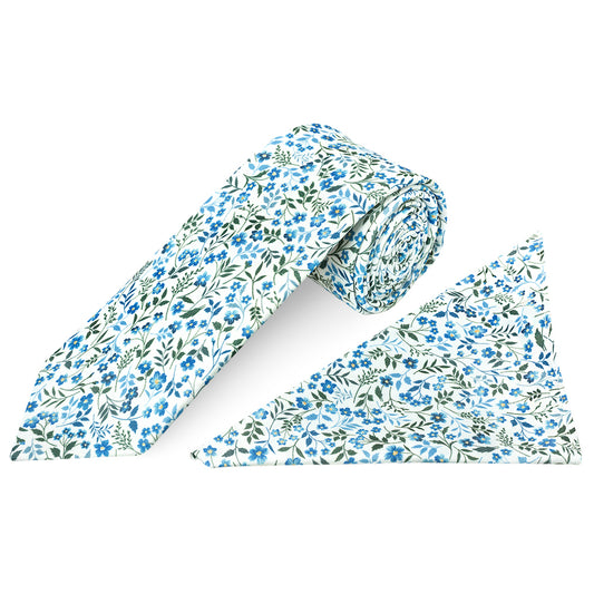 Mens Classic Blue Small Floral Tie and Pocket Square Set