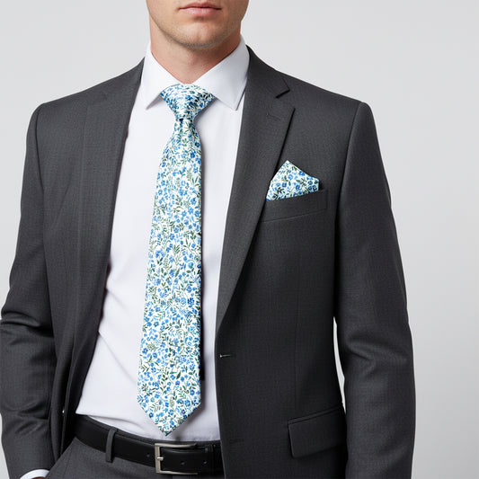 Mens Classic Blue Small Floral Tie and Pocket Square Set