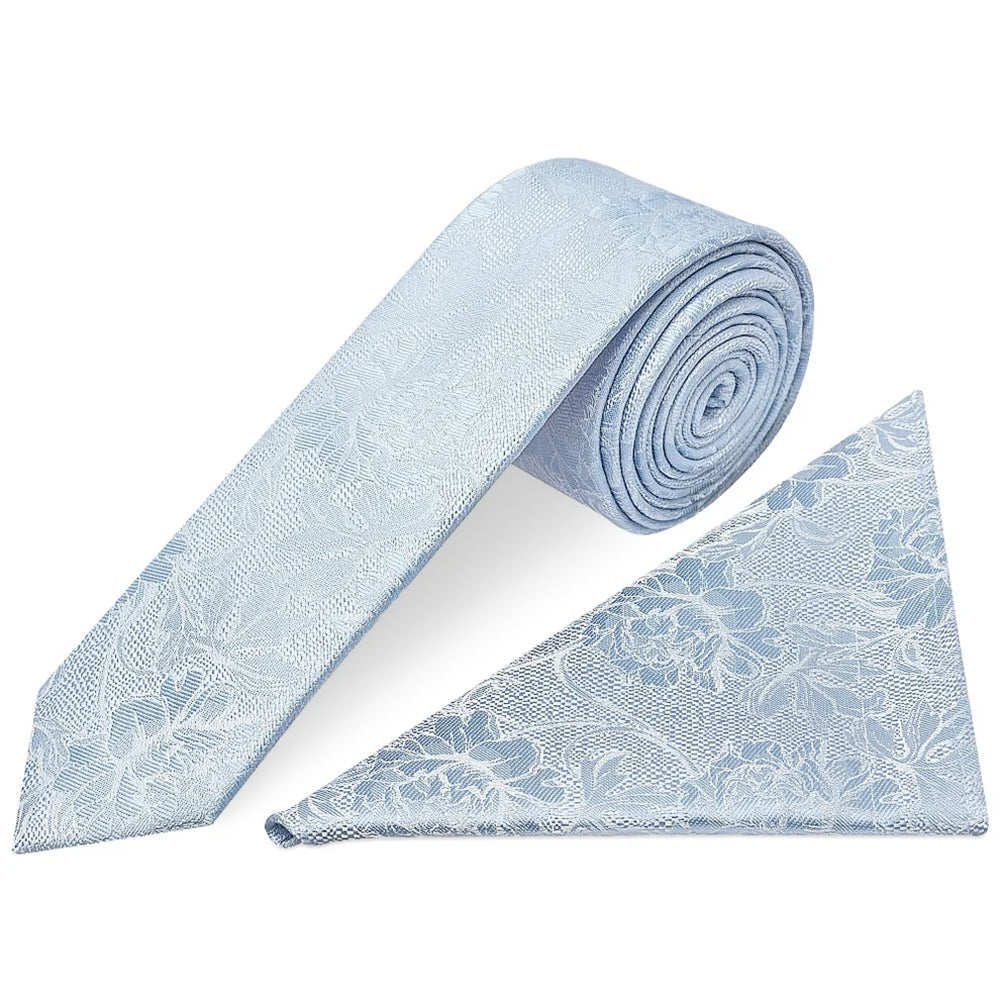 Blue Flower Skinny Men's Tie and Pocket Square Set