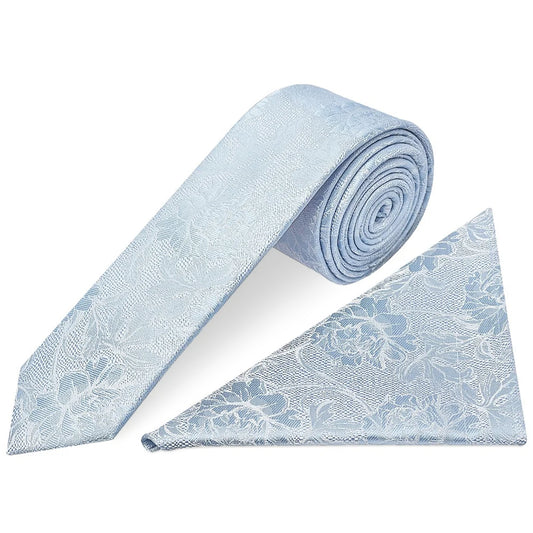 Blue Flower Skinny Men's Tie and Pocket Square Set