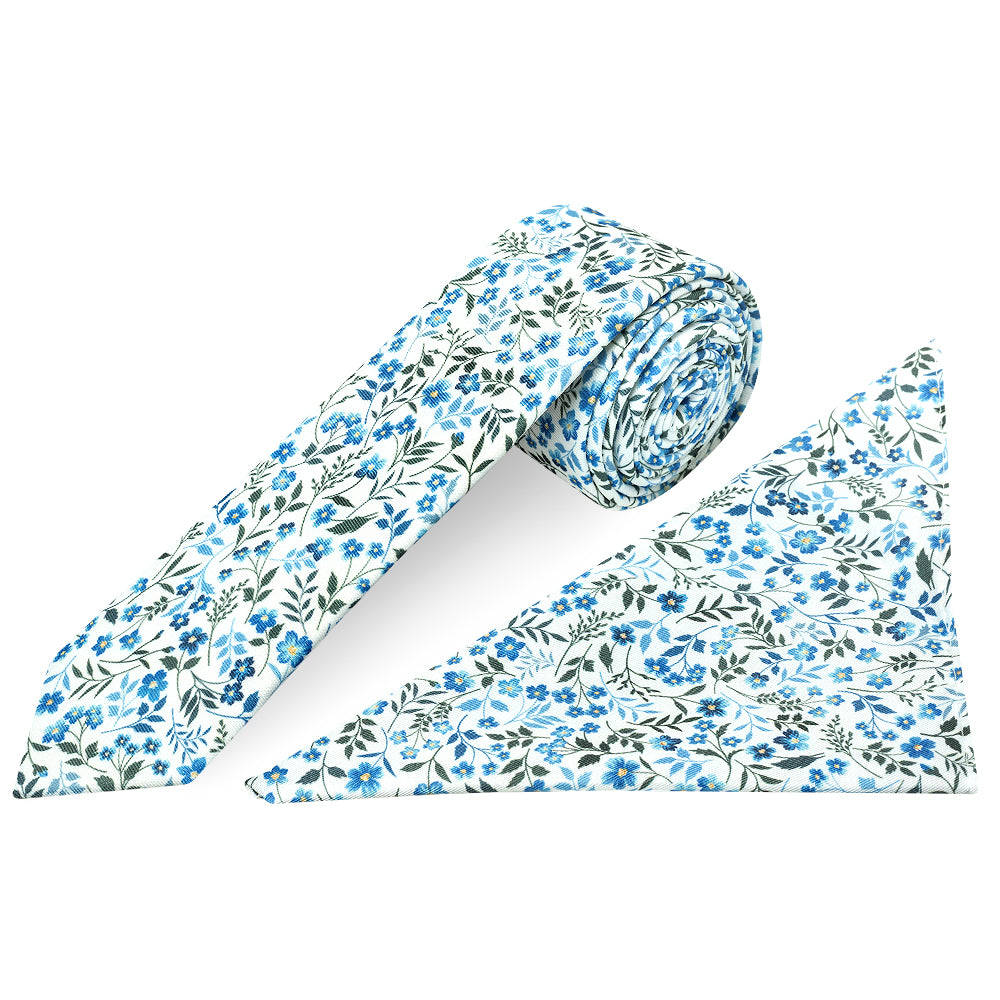 Mens Skinny Blue Small Floral Tie and Pocket Square Set