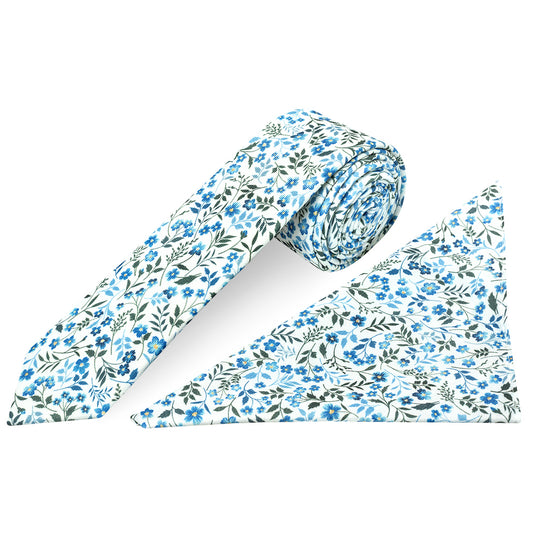 Mens Skinny Blue Small Floral Tie and Pocket Square Set