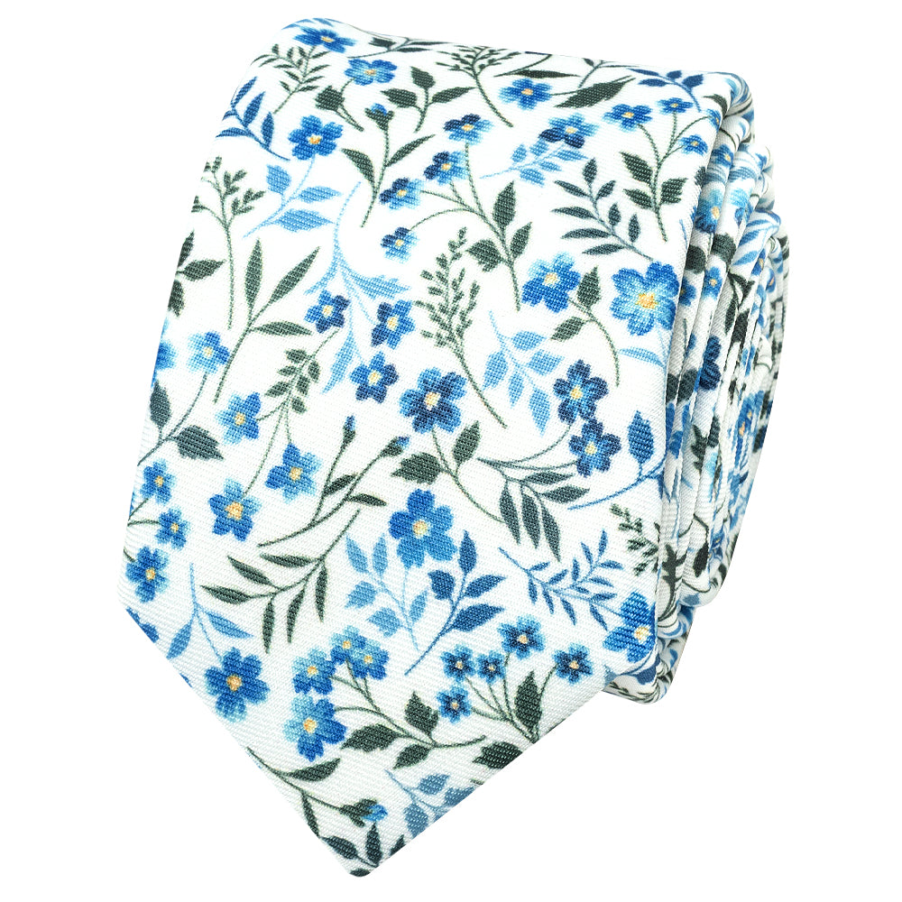 Mens Skinny Blue Small Floral Tie and Pocket Square Set