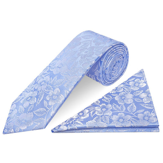 Blue Floral Silk Classic Mens Tie and Pocket Square Set