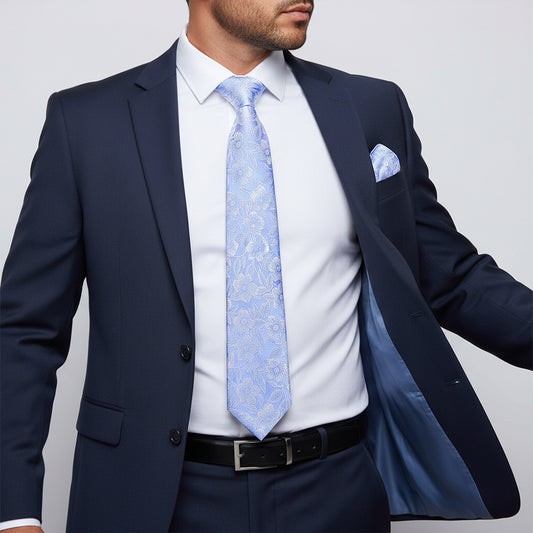 Blue Floral Silk Classic Mens Tie and Pocket Square Set