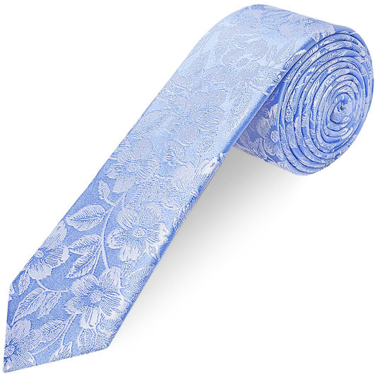 Blue Floral Silk Skinny Mens Tie and Pocket Square Set