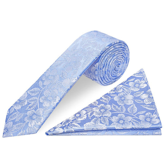 Blue Floral Silk Skinny Mens Tie and Pocket Square Set