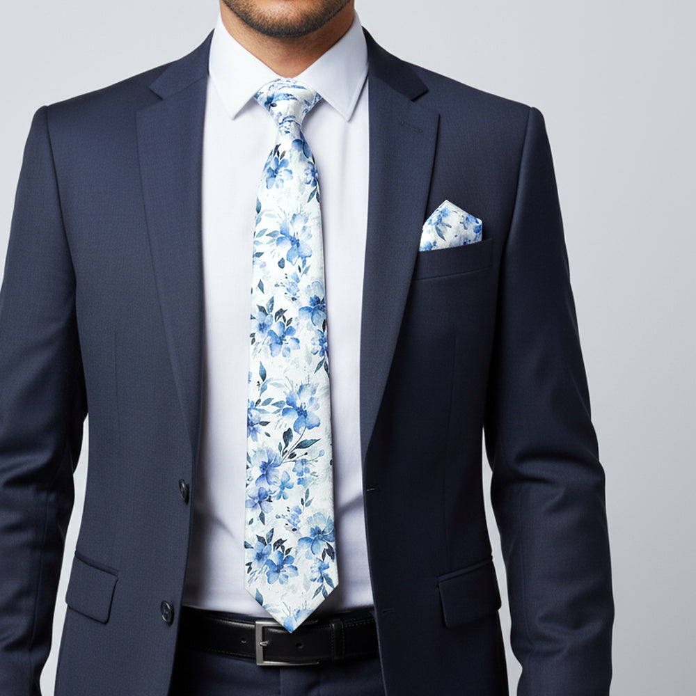 Mens Blue Large Floral Classic Tie and Pocket Square Set