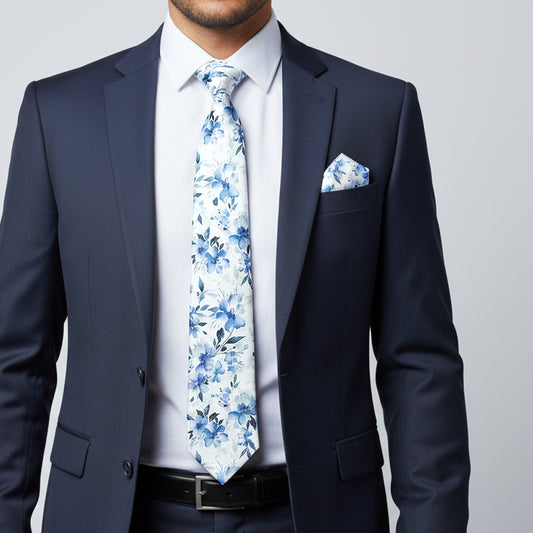 Mens Blue Large Floral Classic Tie and Pocket Square Set