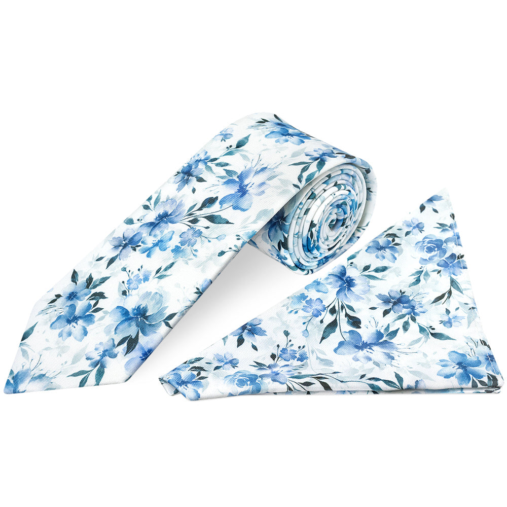 Mens Blue Large Floral Classic Tie and Pocket Square Set