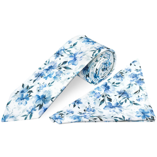 Mens Blue Large Floral Classic Tie and Pocket Square Set