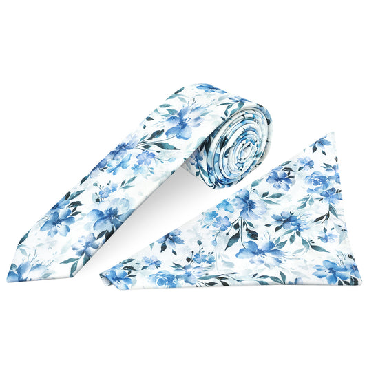 Mens Blue Large Floral Skinny Tie and Pocket Square Set