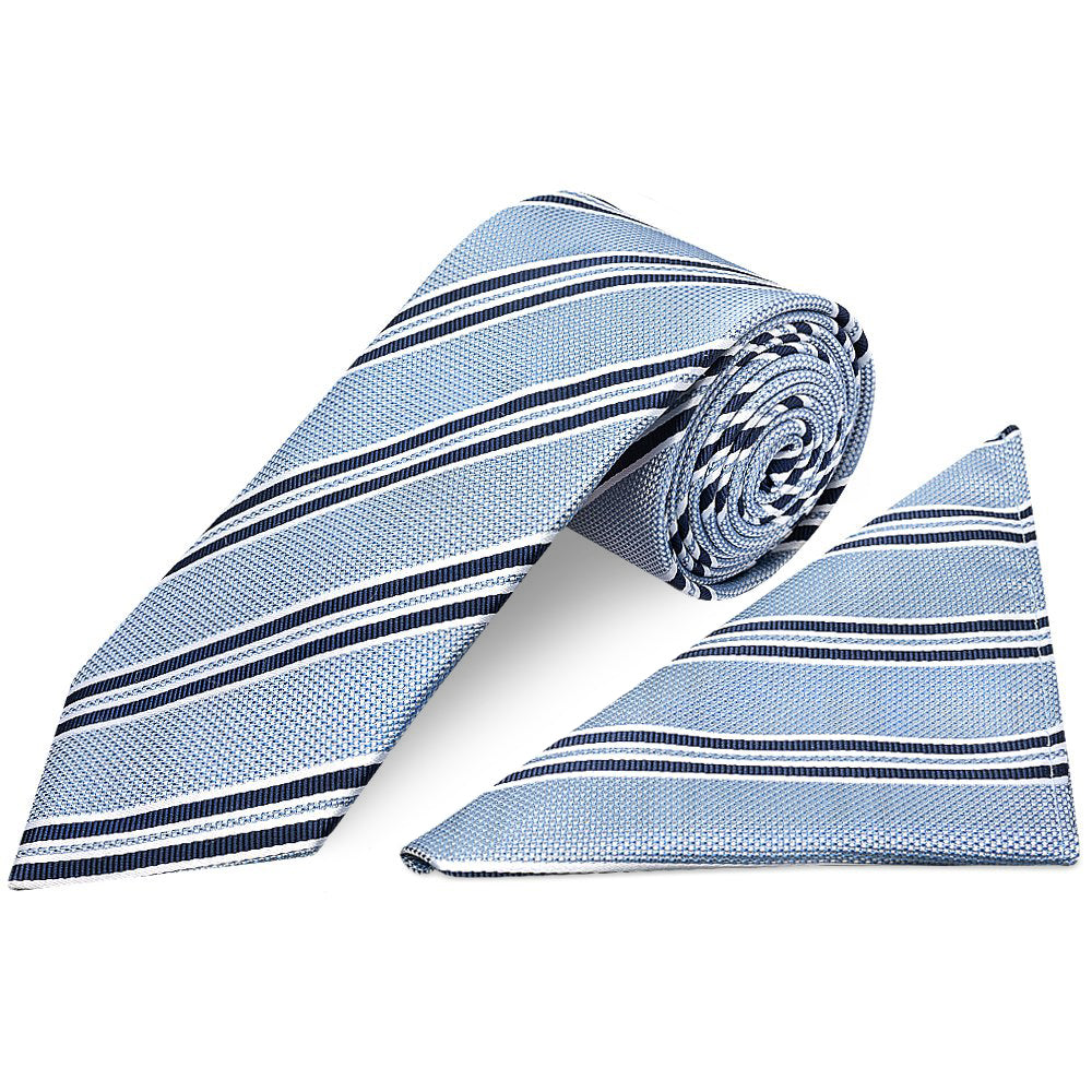 Blue Twin Stripe Classic Mens Tie and Pocket Square Set