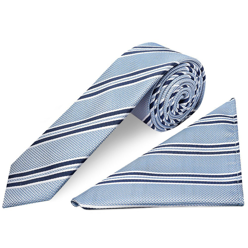 Blue Twin Stripe Skinny Mens Tie and Pocket Square Set