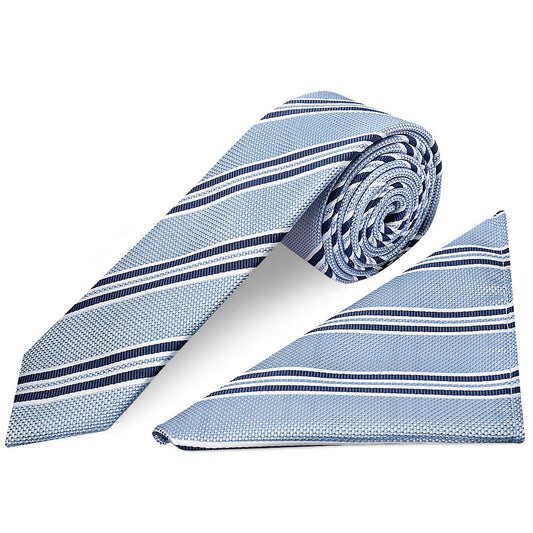Blue Twin Stripe Skinny Mens Tie and Pocket Square Set