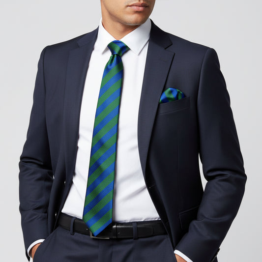 Blue and Green Striped Classic Mens Tie and Pocket Square Set