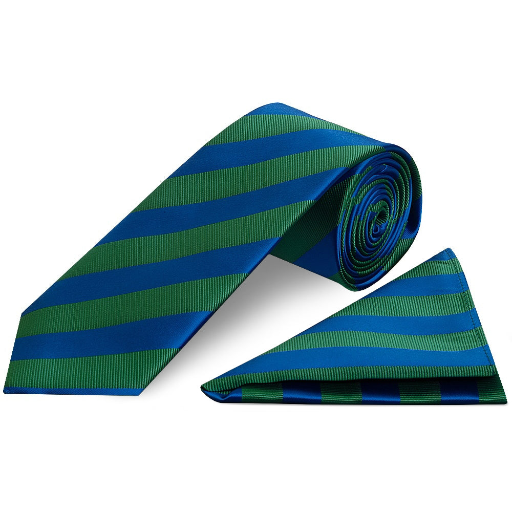 Blue and Green Striped Classic Men's Tie and Pocket Square Set