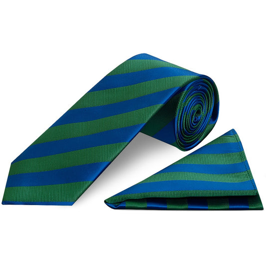 Blue and Green Striped Classic Mens Tie and Pocket Square Set
