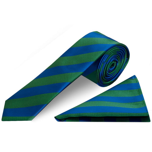 Blue and Green Striped Skinny Mens Tie and Pocket Square Set