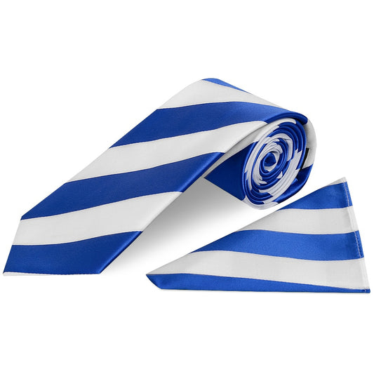 Blue and White Striped Classic Mens Football Tie and Pocket Square Set